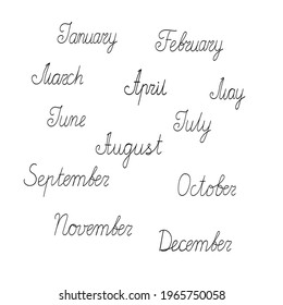 Meses del año nombres establecidos, ilustración de vector dibujada a mano, inscripción caligráfica para el planificador, calendario, calendario, calendario