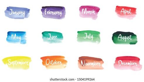 Months of the year on watercolor background. 