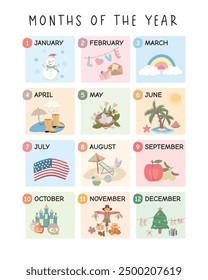 Months of the Year Poster with Cute Cartoon Elements, Playroom Educational Poster, Rainbow Nursery Print, Homeschool Decor, Classroom Decor