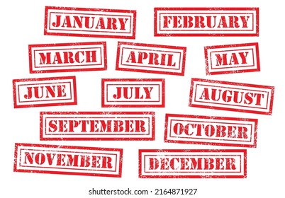 Months of the year rubber stamps: January, February, March, April, May, June, July, August, September, October, November, December. Vector illustration, minimal design.