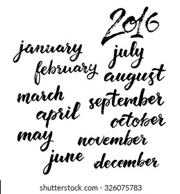 Months of the Year Set. Calendar 2016, brush handwritten calligraphy. Lettering of january, february, march, april, may, june, july, august, september, october, november, december.