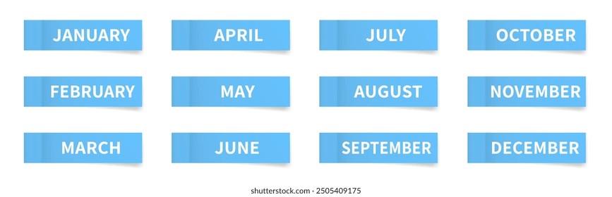 Months of the year. Set of thin paper stickers. Blue tick in notes.  Sheets of paper. Tag, sticky note. Calendar or planner, schedule organizer. Twelve months