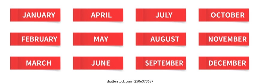 Months of the year. Set of thin paper stickers. Red stick in notes. Sheets of paper. Tag, sticky note. Calendar or planner, schedule organizer. Twelve months