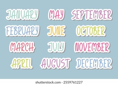 Months of the year Stickers set. Hand Drawn Playful Month Names lettering. Elements for calendar, Kids planner, school organizer, bullet journal, scrapbooking Design