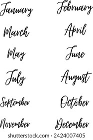 months of the year in vector, illustration, to decorate, twelve months of the year in English, in black font.  Beautiful design.