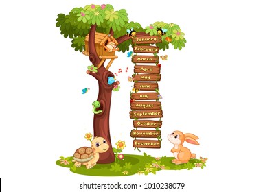 Months of the year written on wooden planks 
beautiful vector illustration with animals, trees and birds