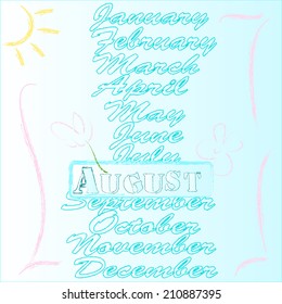 Months of the year.August.Summer scene with sun and flowers .