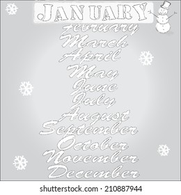 Months of the year.January.Winter scene with snowman and snowflakes .