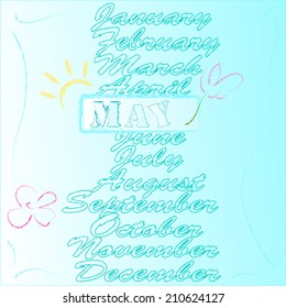 Months of the year.May.Spring scene with sun and flowers .