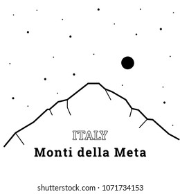 Monti della Meta. Vector black and white illustration of mountain in Italy.