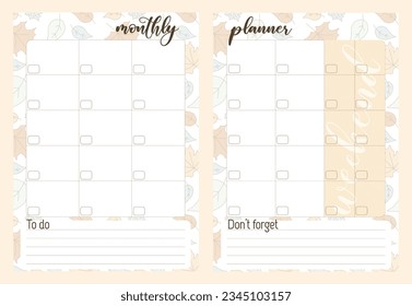 Montly Planner Printable template. Vector Notebook botanical pattern in pastel colors. Horizontal orientation sheet for Diary, Schedule, Journal with To do list and Don't forget. Blank pages for notes