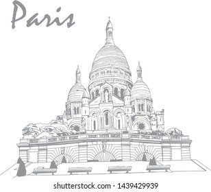 Montmartre. Basilica of the Heart of the Lord, Sacre Coeur. Paris France. Vector hand drawed sketch