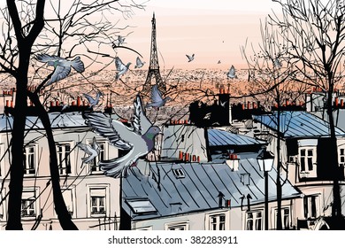 Montmartre in Paris with eiffel tower - vector illustration