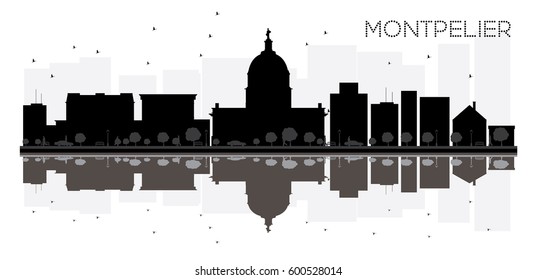 Montpelier City skyline black and white silhouette with reflections. Vector illustration. Simple flat concept for tourism presentation, banner, placard or web site. Cityscape with landmarks.