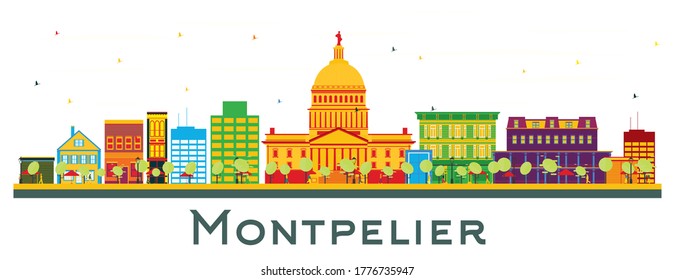 Montpelier Vermont City Skyline with Color Buildings Isolated on White. Vector Illustration. Business Travel and Tourism Concept with Historic Architecture. Montpelier USA Cityscape with Landmarks.