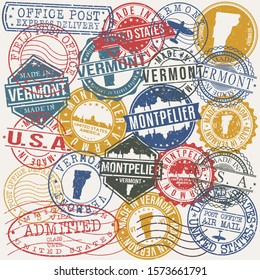 Montpelier Vermont Set of Stamps. Travel Stamp. Made In Product. Design Seals Old Style Insignia.