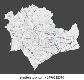 Montpellier map. Detailed map of Montpellier city administrative area. Cityscape panorama. Royalty free vector illustration. Outline map with highways, streets, rivers. Tourist decorative street map.