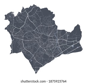Mapa de Montpellier. Mapa vectorial detallado de la zona administrativa de la ciudad de Montpellier. Vista de la aria metropolitana de Cityscape poster. Tierra oscura con calles blancas, caminos y avenidas. Fondo blanco.