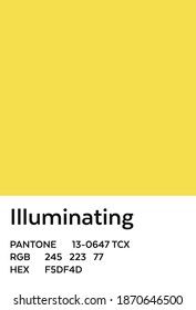 
MONTREAL, CANADA - DECEMBER 09, 2020: Pantone "Illuminating" Yellow Color Swatch with Color Value Codes in Pantone, RGB and HEX - HTML Web Format. 2021 Color Trend Forecast. Palette Sample.
