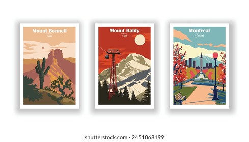 Montreal, Canada, Mount Baldy, Texas, Mount Bonnell, Texas - Vintage travel poster. Vector illustration. High quality prints