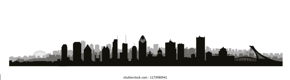 Montreal city, Canada skyline. Cityscape panoramic silhouette with famous buildings. Canadian landmarks. Urban architectural landscape.