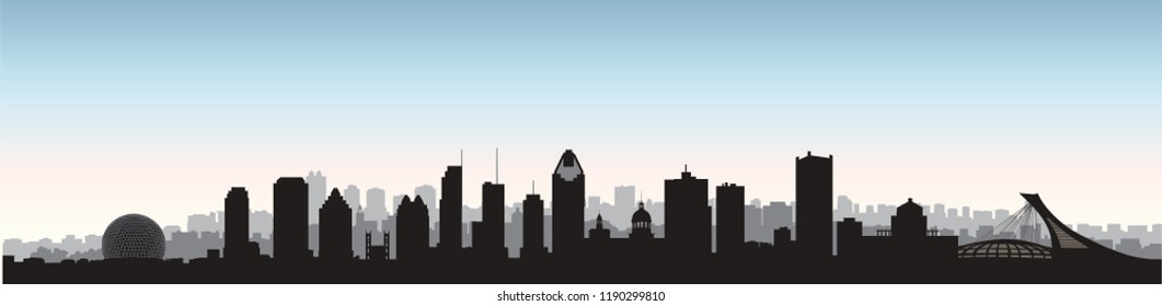 Montreal city, Canada skyline. Cityscape panoramic silhouette with famous buildings. Canadian landmarks. Urban architectural landscape.