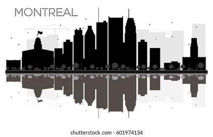 Montreal City skyline black and white silhouette with reflections. Vector illustration. Simple flat concept for tourism presentation, banner, placard or web site. Cityscape with landmarks.