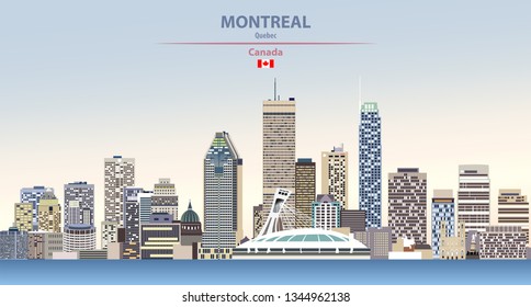 Montreal city skyline on colorful gradient beautiful day sky background with flag of Canada. Vector illustration