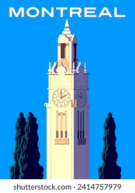 Ilustración vectorial de la Torre del Reloj de Montreal hecha a mano. Afiche de Montreal Quebec Canadá.