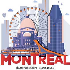 Montreal culture travel night set, famous architectures and specialties in flat design. Business travel and tourism concept clipart. Image for presentation, banner, website, flyer, roadmap, icons