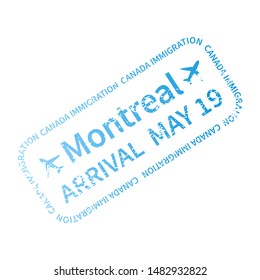 Montreal International travel visa stamp isolated on white. Arrival sign cyan rubber stamp with texture