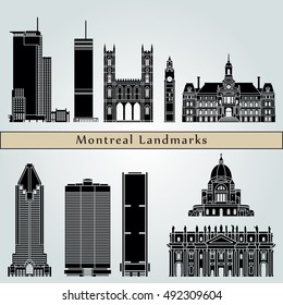 Montreal landmarks and monuments isolated on blue background in editable vector file