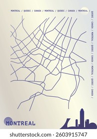 Montreal map, detailed atlas poster with roads, landmarks plan. Vector Canada, Quebec province city scheme layout, vertical graphic design for flyer, leaflet, print, cover