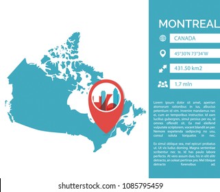 Montreal pin point map shape vector infographics template. Modern city data statistic isolated illustration