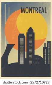 Montreal retro city poster with abstract shapes of skyline, skyscrapers. Canada, Quebec province vintage travel vector illustration, cityscape at sunrise, sunset