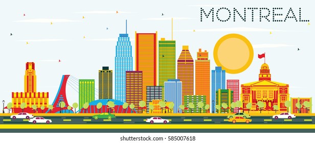 Montreal Skyline with Color Buildings and Blue Sky. Vector Illustration. Business Travel and Tourism Concept with Historic Architecture. Image for Presentation Banner Placard and Web Site.