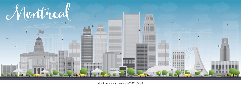 Montreal skyline with grey buildings and blue sky. Vector illustration. Business travel and tourism concept with modern buildings. Image for presentation, banner, placard and web site.