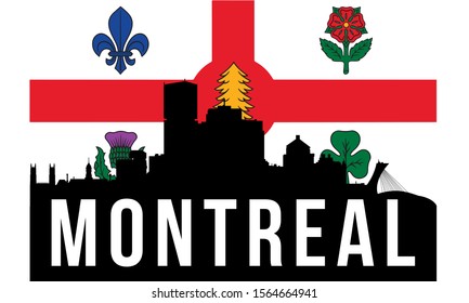 Montreal skyline silhouette background, vector illustration and flag in background