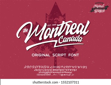 Montreal. Vector vintage illustration with script typeface. Font for creating posters, stickers and prints on clothe.