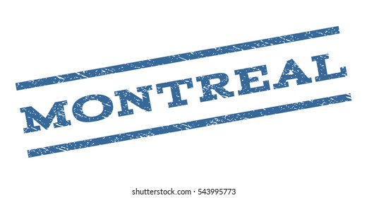 Montreal watermark stamp. Text tag between parallel lines with grunge design style. Rubber seal stamp with scratched texture. Vector cobalt blue color ink imprint on a white background.