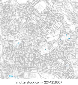 Montreuil, Seine-Saint-Denis, Frankreich Hochauflösende Vektorkarte mit bearbeitbaren Wegen. Helle Umrisse für Hauptverkehrsstraßen. Verwenden Sie es für jeden gedruckten und digitalen Hintergrund. Blaue Formen und Linien für das Wasser.