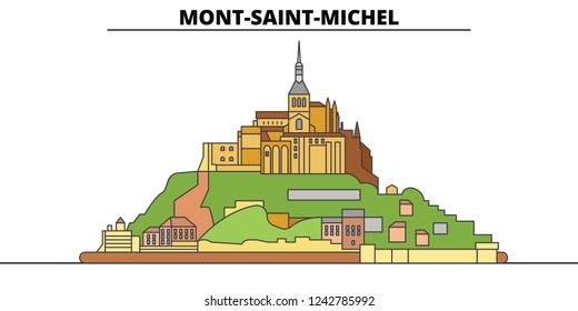 Mont-Saint-Michel And Its Bay line travel landmark, skyline, vector design. Mont-Saint-Michel And Its Bay linear illustration. 