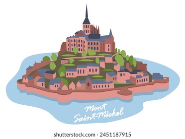 Mont-Saint-Michel, rocky islet and famous sanctuary in Manche departement, Normandy region, France. Vector isolated illustration with lettering.