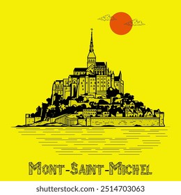 Mont-Saint-Michel Vektorgrafik, eine zeitlose Gezeiteninsel, die vom Meer aufsteigt. Die Abtei von Mont-Saint-Michel war ein renommiertes Zentrum des Lernens während des Mittelalters. 