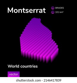 Montserrat 3D map. Stylized neon simple digital isometric striped vector Map of Montserrat is in violet colors on black background