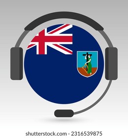 Montserrat flag with headphones, support sign. Vector illustration.