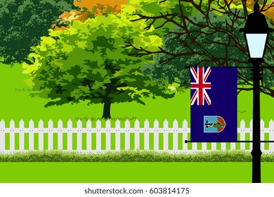 Montserrat Flag, Landscape of Park, Trees, Fence wooden and Street light Vector Illustration 