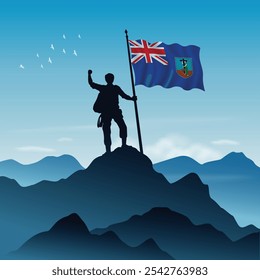 Montserrat Flag raised on a mountain peak with clear sky in the background, vector illustration