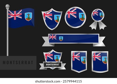 Montserrat flag set. Collection of Montserrat national emblems. Flat design of flags collection.