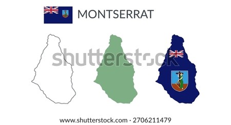 Montserrat geographical borders isolated on white background. Flag of Montserrat. Vector flat cliparts.